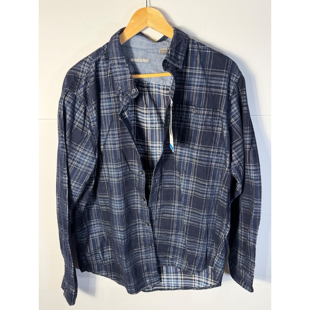 Michael Bastian Mens Navy Blue Plaid Corduroy Button Down Shirt L 1325142